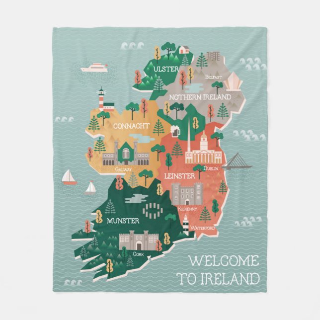 Cobertor De Velo Mapa do viagem de marcos & de cidades de Ireland | (Frente)