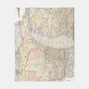 Cobertor De Velo Mapa do vintage de Michigan & de Wisconsin (1862)