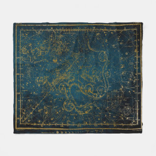 Cobertor De Velo Mapa Estelar Vintage Ilustrado Azul Escuro e Doura