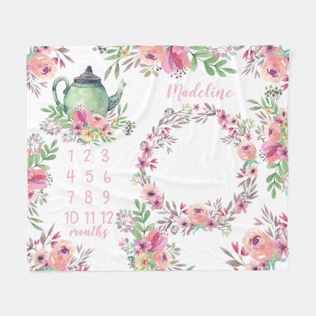 Cobertor De Velo Marco miliário do bebê do tea party da aguarela (Frente (Horizontal))