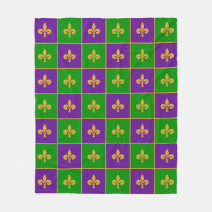 Cobertor De Velo Mardi Gras Checkered Fleur De Lis Fleece Blanket