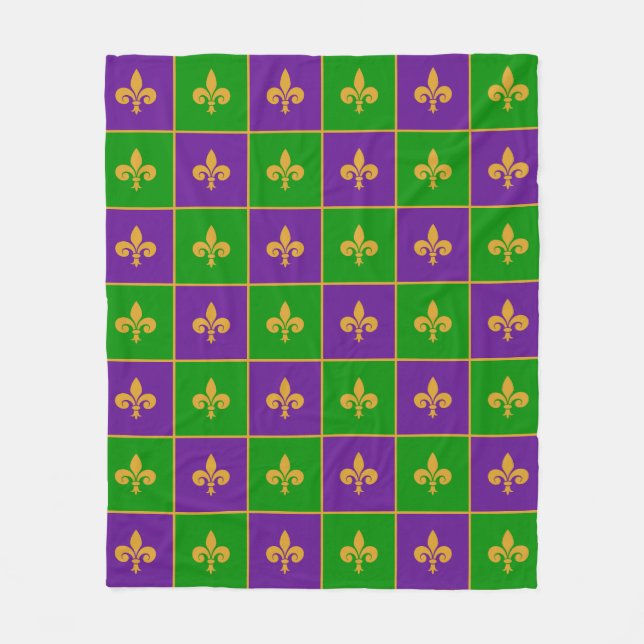 Cobertor De Velo Mardi Gras Checkered Fleur De Lis Fleece Blanket (Frente)