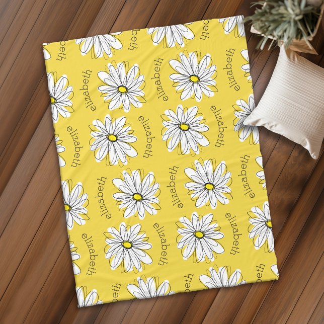 Cobertor De Velo Margarida Branca e Amarela com Nome (Personalized fleece blanket with whimsical daisy)