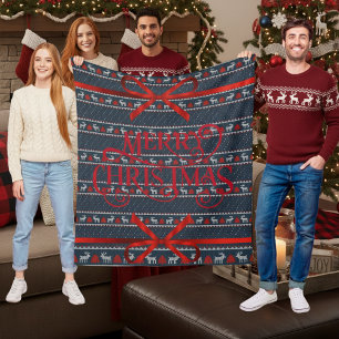 Cobertor De Velo Marinho Blue Knit-Style Red Ribbon Feliz Natal