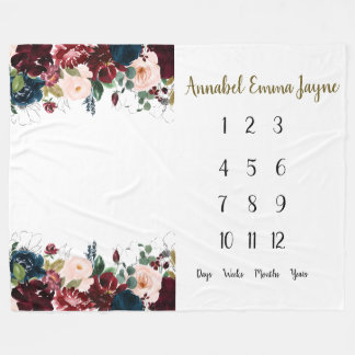 Cobertor De Velo Marinho, Burgundy floral Baby 1rua ano Milestone F