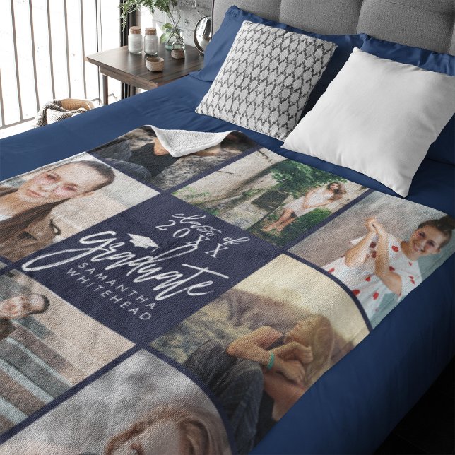 Cobertor De Velo Marinho de Colagem de Fotografias do formando Azul (Celebrate your graduate's milestone with our cozy, custom fleece blanket. )