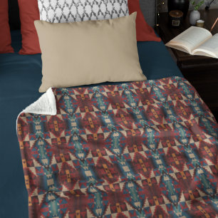 Cobertor De Velo Marrom Bege Vermelho Azul Teal Terracota Arte Trib