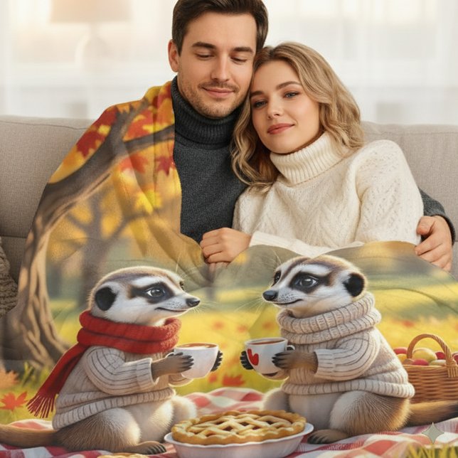 Cobertor De Velo Meerkats bonitos no outono em um piquenique (Meerkat Couple in Autumn Attire Fleece Blanket Cover Photo)