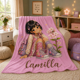 Cobertor De Velo Menina de Cabelo Escuro Personalizada Nome