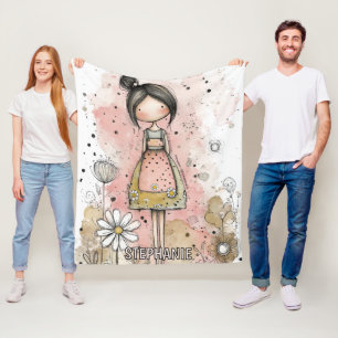Cobertor De Velo Menina em Mídia Mista Rosa - Margaridas e Pontos