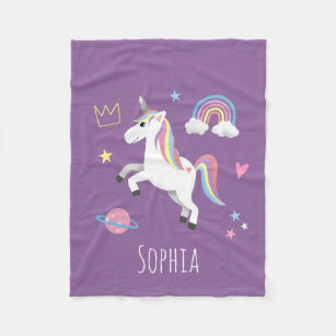 Cobertor De Velo Meninas Cute Magical Purple Unicorn & Name Kids
