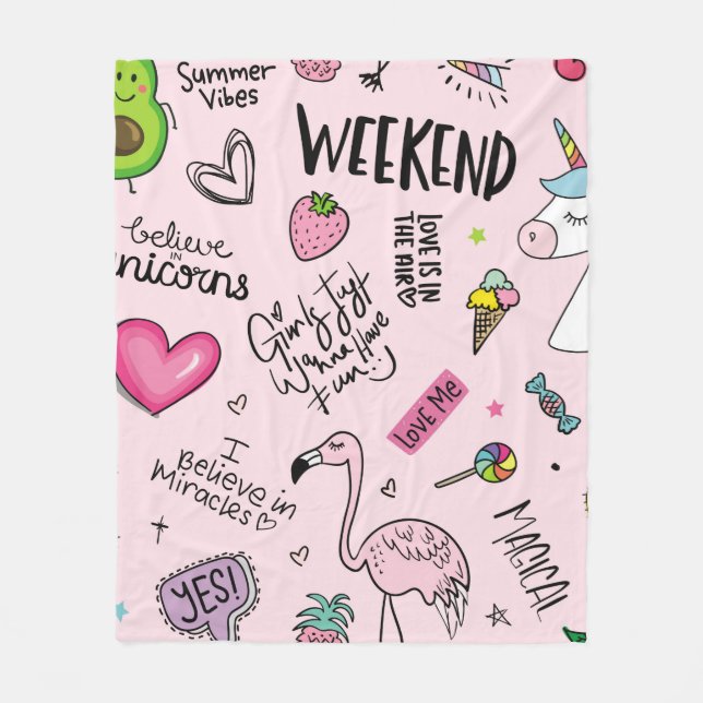 Cobertor De Velo Meninas divertem conceito com unicórnio, flamingo, (Frente)