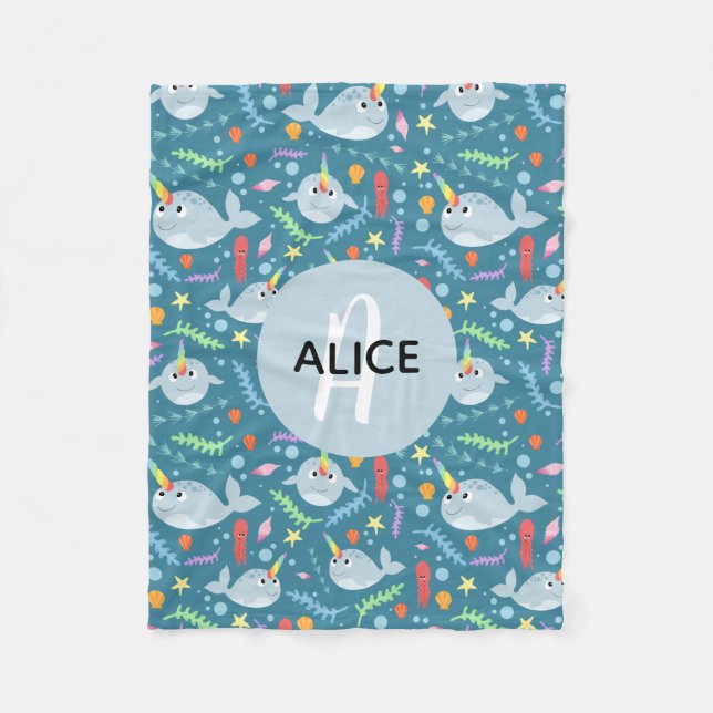 Cobertor De Velo Meninas Trendy Narwhal Pattern Monograma e Criança (Frente)