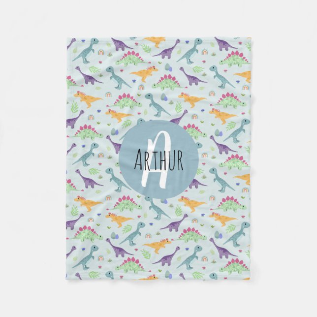 Cobertor De Velo Meninos Belo Padrão de Dinossauro Azul e Nome (Frente)