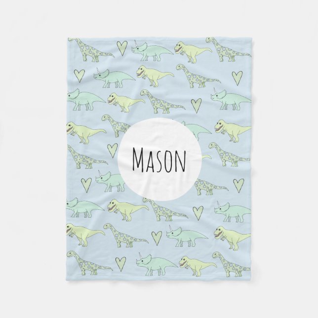 Cobertor De Velo Meninos com Padrões de Dinossauro Azul e Nome (Frente)