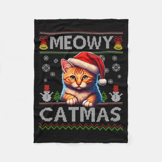 Cobertor De Velo Meowy Catmas Cat Santa Christmas Kitten Xmas Ugly  (Frente)