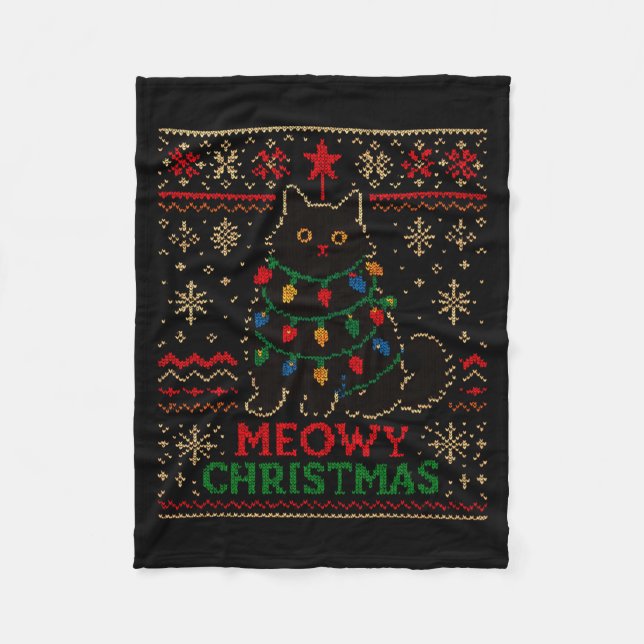 Cobertor De Velo Meowy Christmas Xmas Lights Cat Ugly Sweater Pajam (Frente)
