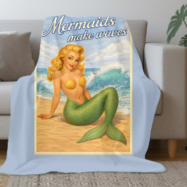 Cobertor De Velo Mermaids Make Waves Retro PinUp Coastal Beach Blue