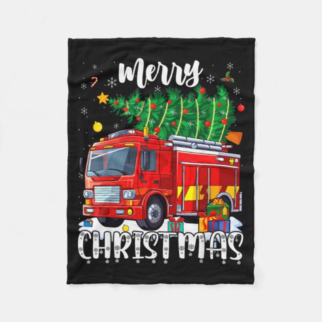 Cobertor De Velo Merry Christmas Tree Firetruck Pajama Firefighter  (Frente)