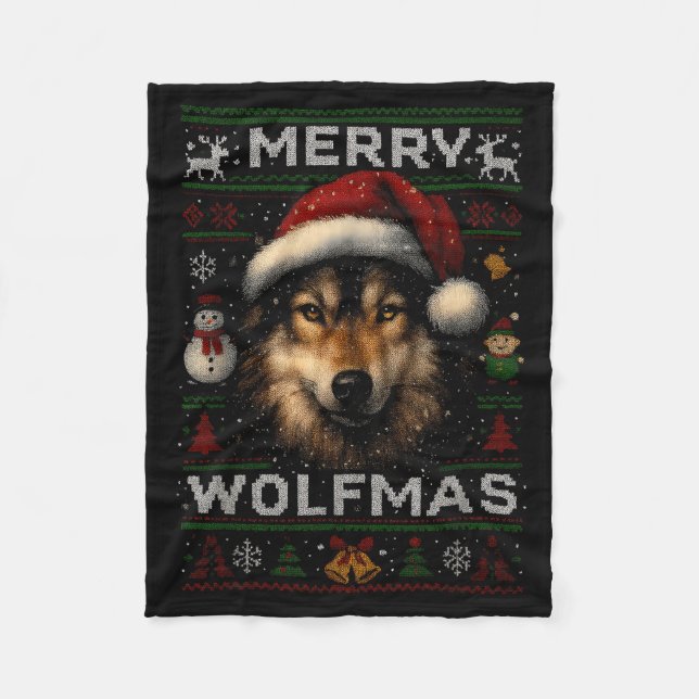 Cobertor De Velo Merry Wolfmas Merry Christmas Wolf Ugly Sweater Fu (Frente)