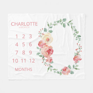 Cobertor De Velo Meses do Bebê Bege Rosado Floral Monogramada