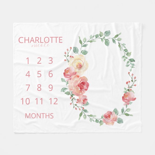Cobertor De Velo Meses do Bebê Bege Rosado Floral Monogramada (Frente (Horizontal))