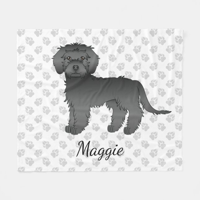 Cobertor De Velo Mini Goldendoodle Negro Cão e Nome (Frente (Horizontal))