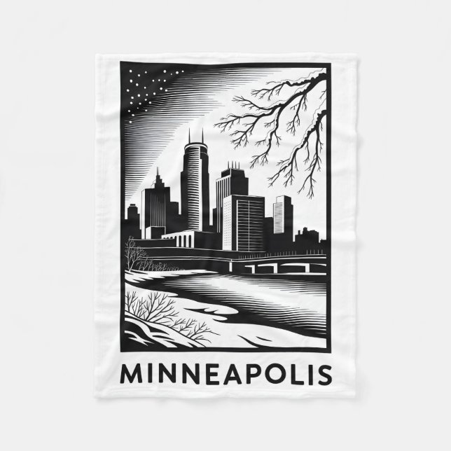 Cobertor De Velo Minneapolis Skyline Black and White Woodcut Winter (Frente)