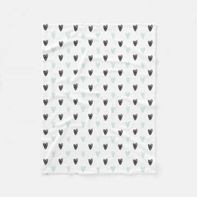 Cobertor De Velo Mint & Black Hearts Doodles Pattern Blanket (Frente)
