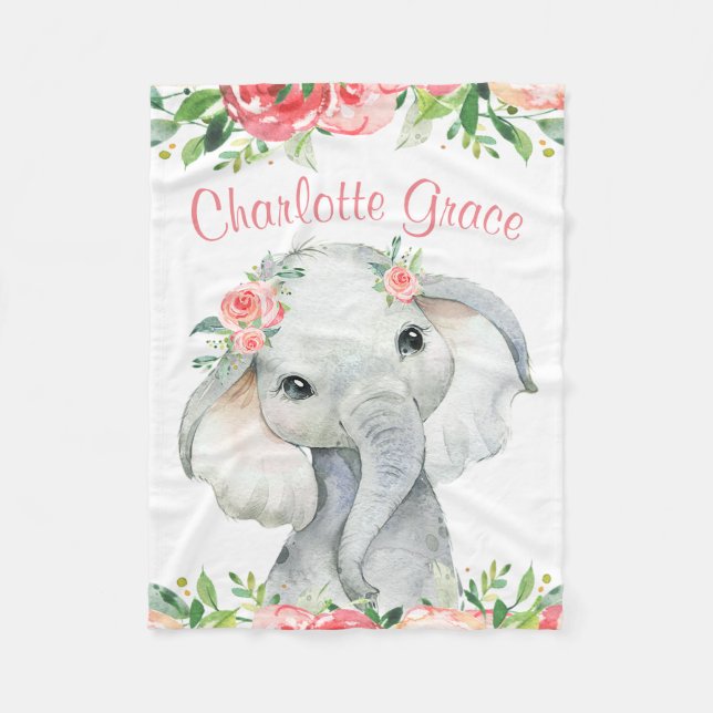 Cobertor De Velo Moça Aquarela Elefante Floral Personalizada (Frente)