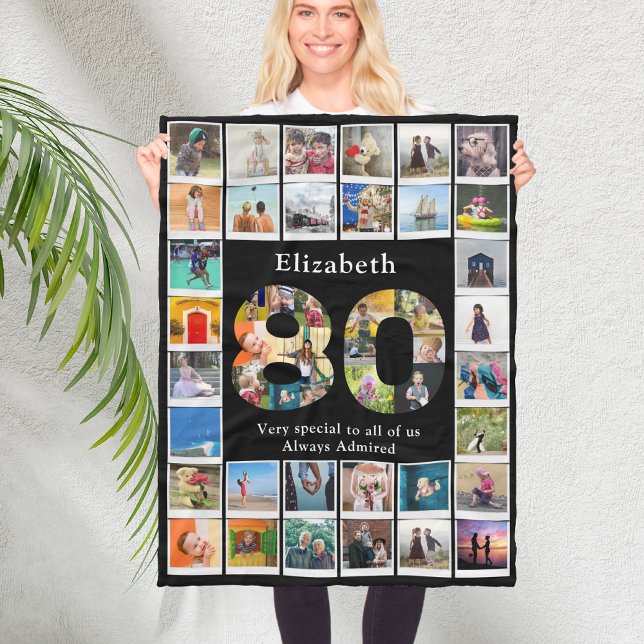 Cobertor De Velo Modelo de Foto de Aniversário do 80 (Black personalized 80th birthday fleece blanket with family photo collage template.)