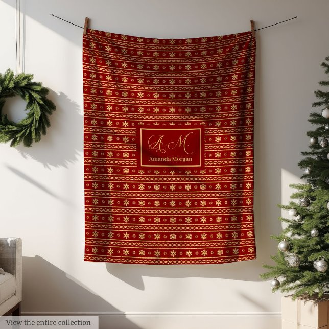 Cobertor De Velo Modern Christmas Blanket Red and Gold Monogram (Modern Christmas Blanket Red and Gold Monogram)