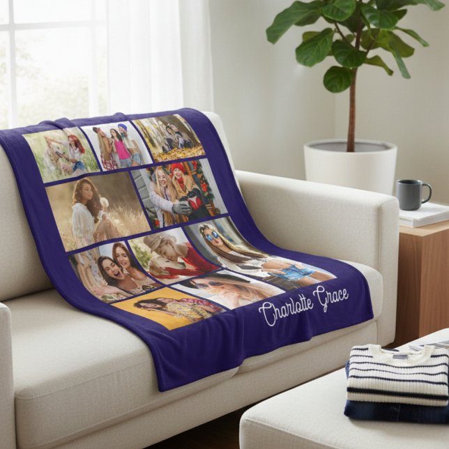 Cobertor De Velo Modern Minimalist Blue 10 Photo Collage With Name (Criador carregado)