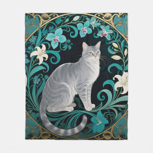 Cobertor De Velo Moldura Floral Ornamentada de Gato Cinza