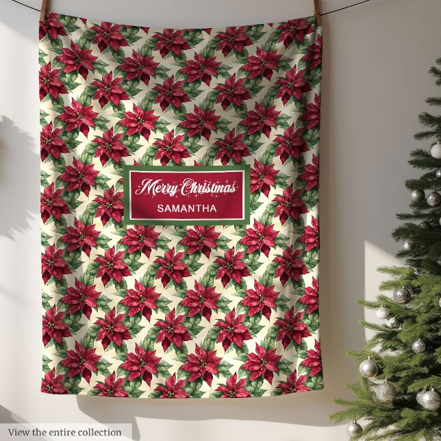 Cobertor De Velo Molho Vermelho Profundo de Poinsettia Sage Verde M (Watercolor Deep Red Poinsettia Sage Green Muted Fleece Blanket)