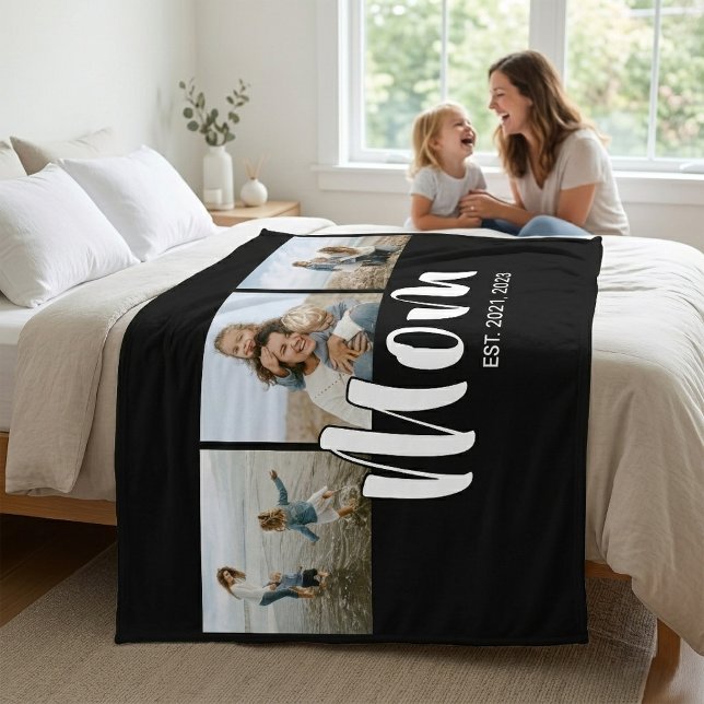 Cobertor De Velo Mom Established Elegant Script Black 3 Photo (Mom Established Elegant Script Black 3 Photo Fleece Blanket)
