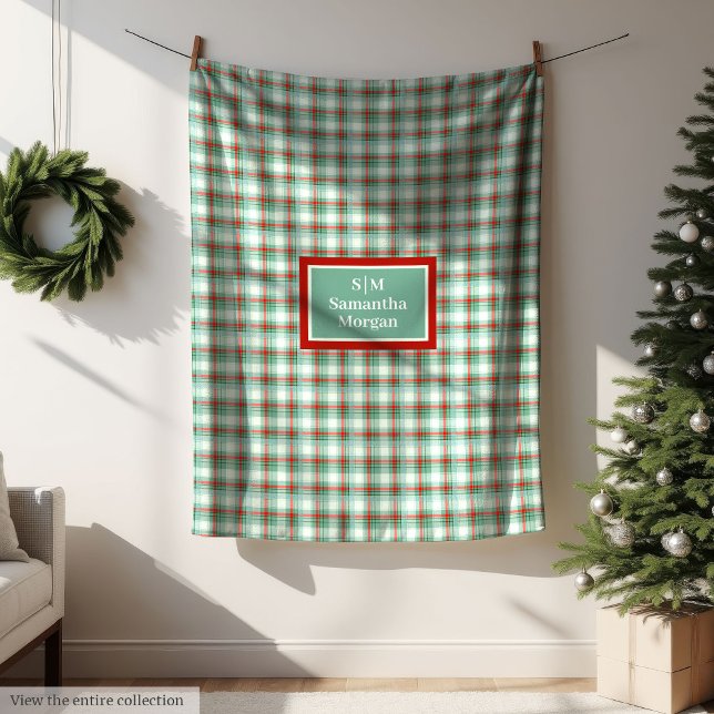 Cobertor De Velo Monogram Plaid Blanket Red Green Christmas Chic (Monogram Plaid Blanket Red Green Christmas Chic)