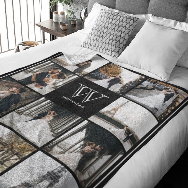 Cobertor De Velo Monograma 11 Limite de Fotos Quadrado Preto (This modern monogrammed blanket features 11 photos photo collage and a spot Monogram and name)