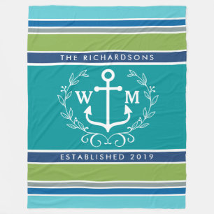 Cobertor De Velo Monograma Âncora Laurel Wreath Stripes Náuticas