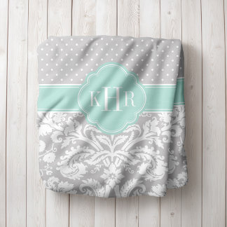 Cobertor De Velo Monograma da Bolinhas cinza e do Mint Damask