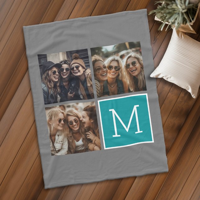 Cobertor De Velo Monograma da Colagem de Fotografias da Praça Teal  (Personalized fleece blanket with 3 photos and custom text - Makes a great Gift)