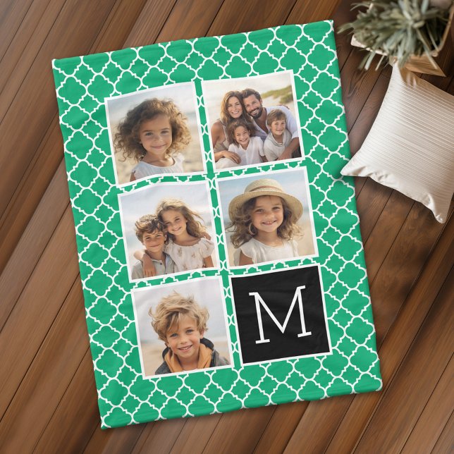 Cobertor De Velo Monograma da Colagem de Fotografias do Emerald Bla (Personalized fleece blanket with 5 photos and a monogram)