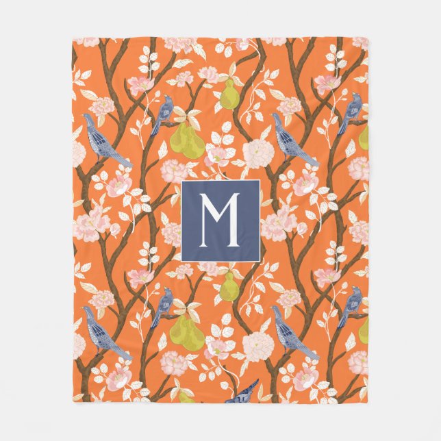 Cobertor De Velo Monograma de Aves de Chinoiserie Laranja e Azul (Frente)