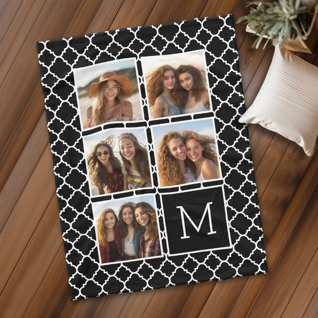Cobertor De Velo Monograma de Colagem de Fotografias Preto e Branco (Personalized fleece blanket with 5 photos and a monogram)