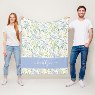 Cobertor De Velo Monograma de Flor Silvestre em Aquarela Azul