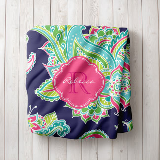 Cobertor De Velo Monograma de Folhas de marinho e Boho Rosa