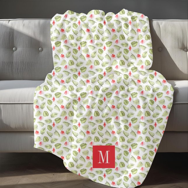Cobertor De Velo Monograma de Folhas de Palmeira Elegantes (Elegant Palm Leaves Monogram Fleece Blanket)