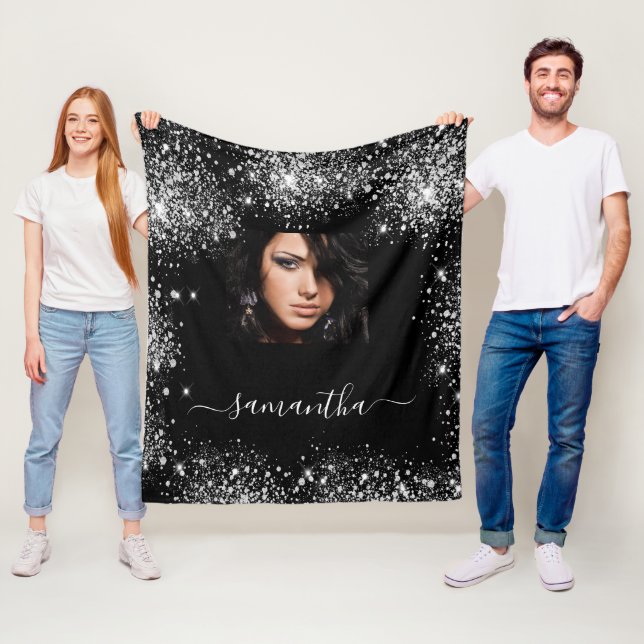 Cobertor De Velo Monograma de fotos personalizadas em prata preta (In Situ)