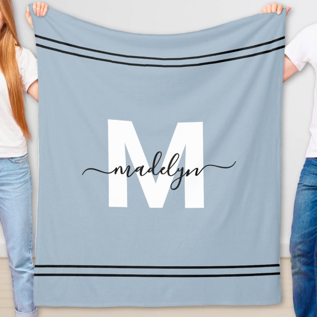 Cobertor De Velo Monograma de Nome Personalizado Dusty Blue (Dusty Blue Personalized Name Monogram Fleece Blanket)