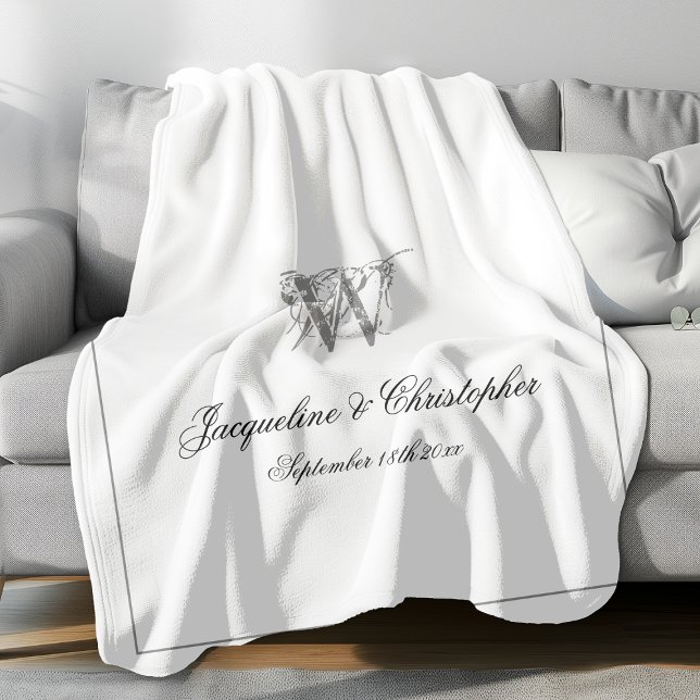 Cobertor De Velo Monograma de novo Elegante Elegante de Casamento (Elegant gray monogram with gray font names and gray border against white background fleece blanket.)